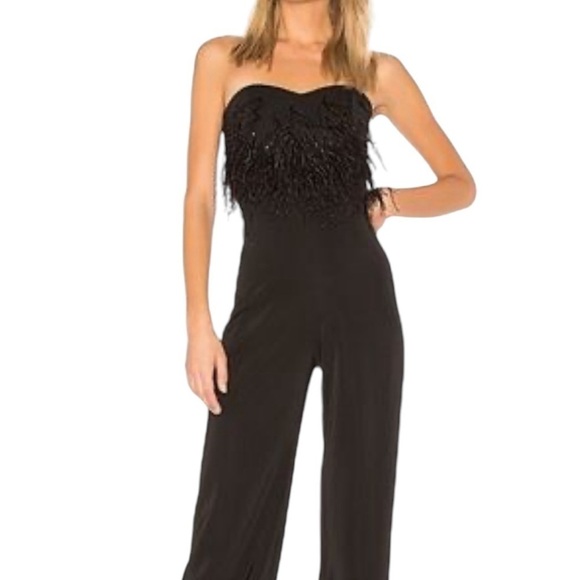 Saloni jumpsuit black size 2 Aurelie feather trimmed cady strapless fairy core - Picture 1 of 6